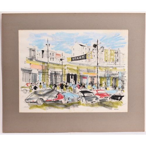 95 - Ronald Maddox (1930-2018) Brighton Speed Car Trials, ink and pastel, signed lower right, 35 x 46 cm ... 