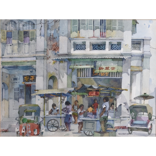 97 - Tan Choon Ghee (1930-2010) Busy Street Scene with food stalls and Tuk Tuks, signed and dated 1988 lo... 