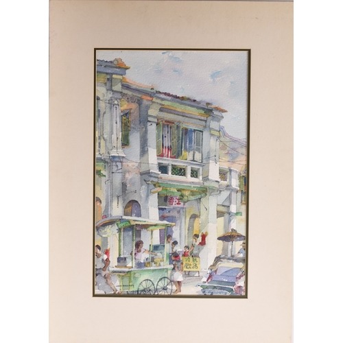 97 - Tan Choon Ghee (1930-2010) Busy Street Scene with food stalls and Tuk Tuks, signed and dated 1988 lo... 