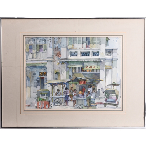 97 - Tan Choon Ghee (1930-2010) Busy Street Scene with food stalls and Tuk Tuks, signed and dated 1988 lo... 