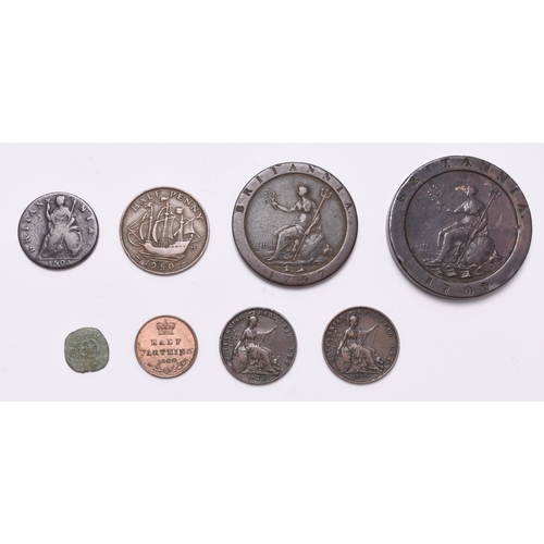 144 - A small collection of eight UK copper and bronze coinage comprising - Charles I Rose farthing, Willi... 