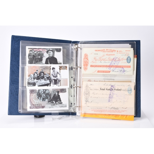 187 - An album of assorted banknotes and cheques and a share certificate comprising 
Limited edition bankn... 