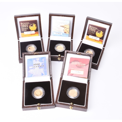 193 - Five UK £10 gold proof Britannias dated 2001, 2003, 2005 x 2 and 2006. All limited editions, with ce... 