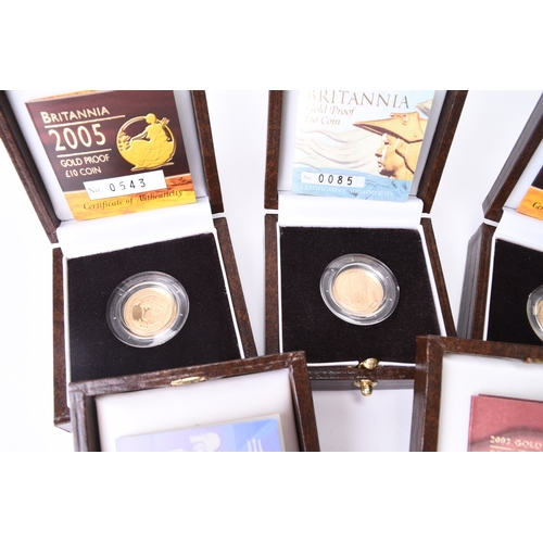 193 - Five UK £10 gold proof Britannias dated 2001, 2003, 2005 x 2 and 2006. All limited editions, with ce... 