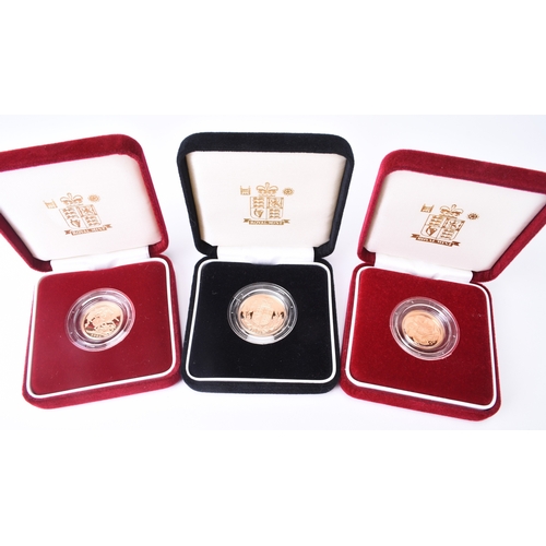 195 - UK Royal Mint Elizabeth II gold proof sovereign dated 2002 and two gold proof half sovereigns dated ... 