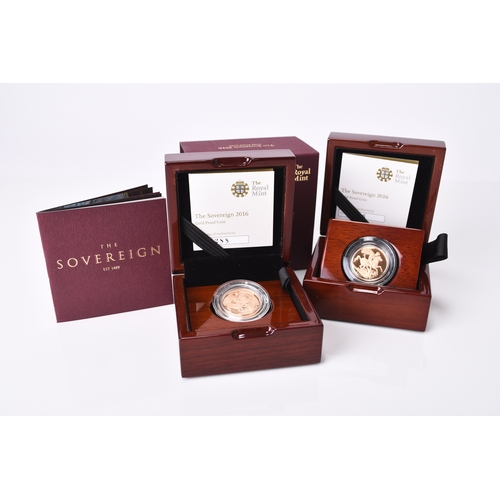 232 - Two 2016 UK gold proof sovereigns, Elizabeth II 90th birthday edition, within capsules, fitted cases... 