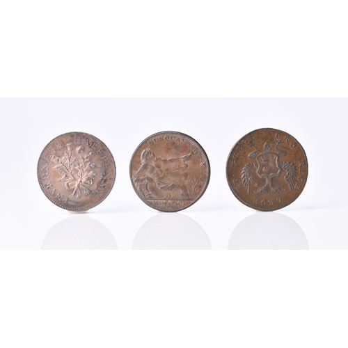 266 - Scotland, three halfpennies: Glasgow dated 1791, arms, rev: river god. Inverness dated 1793, Rose an... 