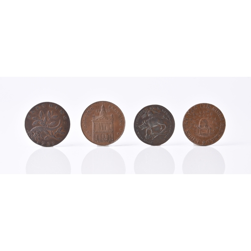 270 - Four 18th century copper farthing tokens comprising: 1: Cambridge, Druids head, 1795. 2: Dundee, Hor... 