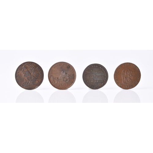 270 - Four 18th century copper farthing tokens comprising: 1: Cambridge, Druids head, 1795. 2: Dundee, Hor... 