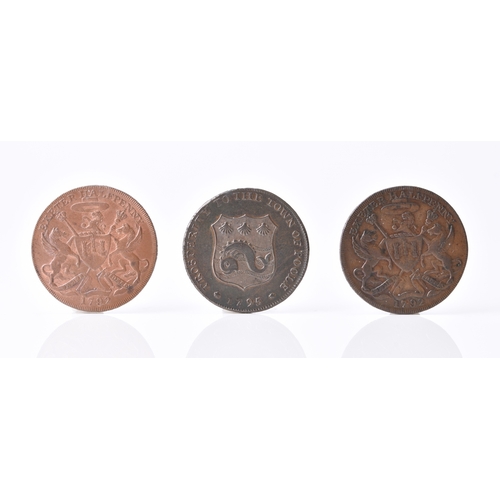 276 - Devon and Dorset halfpennies, Exeter, two dated 1792, Bishop Blaze, Arms and supporters. Edge, Samue... 