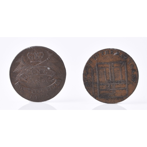 277 - Essex halfpennies. Chelmsford, Shirehall, R.King and constitution, 1794, Edge: Clachar & Co's. Colch... 