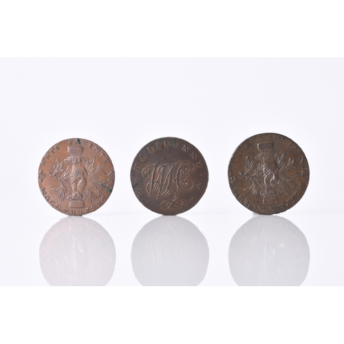 291 - Staffordshire, halfpennies. Leek - Caduceus in front of bales, rev: clasped hands and olive branch, ... 