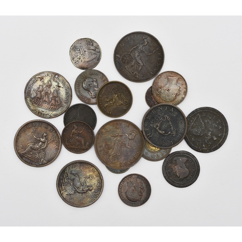 318 - A small collection of UK copper and bronze coinage comprising - George I halfpenny dated 1721, Georg... 