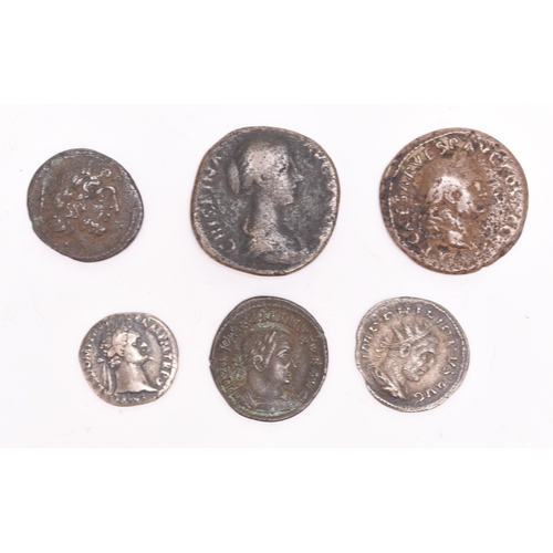 319 - Five roman coins comprising Vespasian (69-79AD), Sestertius Domitian (81-96AD) Denarius Crispina (wi... 