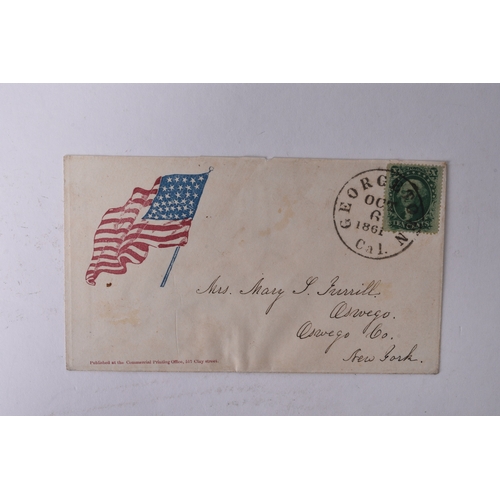 342 - USA, Patriotic cover (Stars and Stripes) to New York; 1857-61 10c tied Georgetown, Cal 6 Oct 1861 cd... 