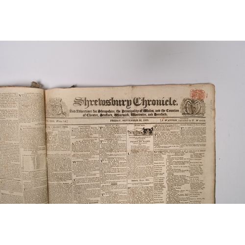 82 - SHREWSBURY CHRONICLE, January 6th - December 29th 1815. Bound volume, limp covers. With Shrewsbury C... 