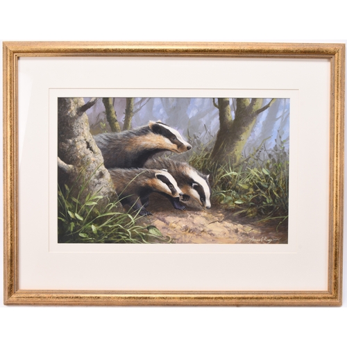 115 - Adrian Rigby (b.1962) Cautious Steps, Badger family emerging from a burrow, signed lower left, oil o... 