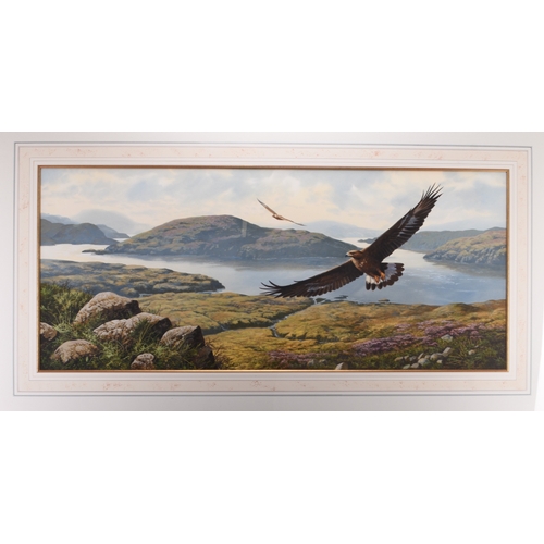 43 - Adrian Rigby (b.1962) To Fly with the Eagles, two Golden Eagles over a Loch Landscape, gouache, 42 x... 