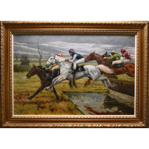 89 - Margaret Barrett (b.1939) Flying the Water, Desert Orchid, oil on canvas, 51 x 76 cm, frame 67 x 92 ... 