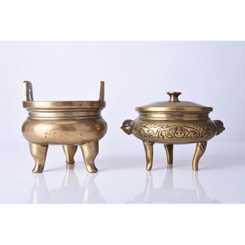 105 - Two Chinese Qing Dynasty bronze censers, Qing Dynasty The first of compressed ovoid form with high b... 