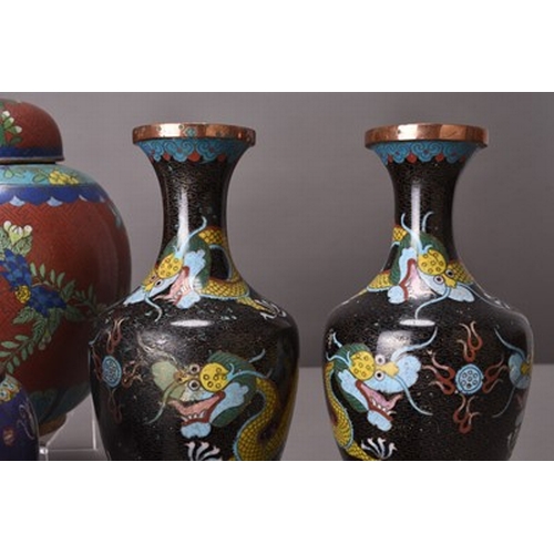 114 - An assembled group of Chinese cloisonne Including: A pair of vases decorated with dragons, 23cm high... 