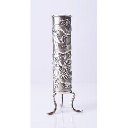 119 - Wang Hing, a Chinese silver bud vase and matchbox holder The vase of cylindrical form and raised on ... 