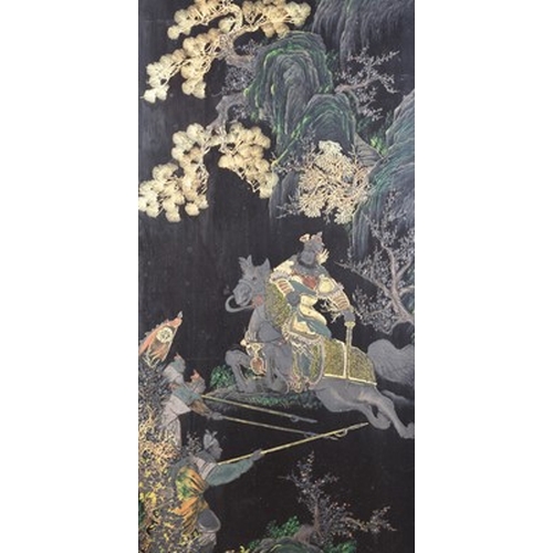 124 - A Chinese Fuzhou (Foochow) lacquer landscape panel Late Qing Dynasty Of vertical aspect and decorate... 