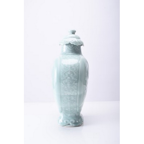 14 - A Chinese carved celadon-glazed Ruyi vase and cover Incised Qianlong seal mark but likely later Of l... 