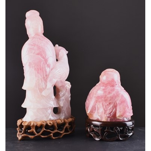 148 - A Chinese carved rose quartz figure of Buddha and a figure of Guanyin Qing Dynasty, with carved hard... 