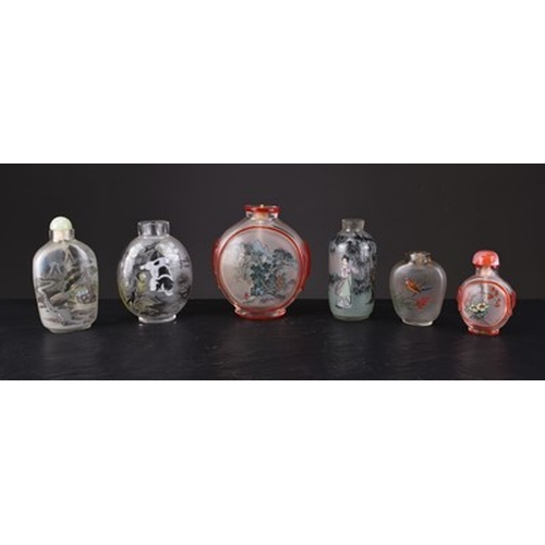 164 - A group six internally painted snuff bottles 20th century Decorated with landscapes populated by fig... 