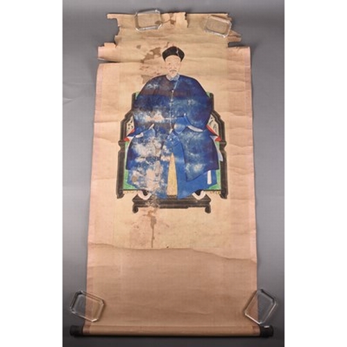 172 - Two Chinese hand scrolls, Qing Dynasty The first an ancestor portrait of a seated nobleman, 89cm x 4... 