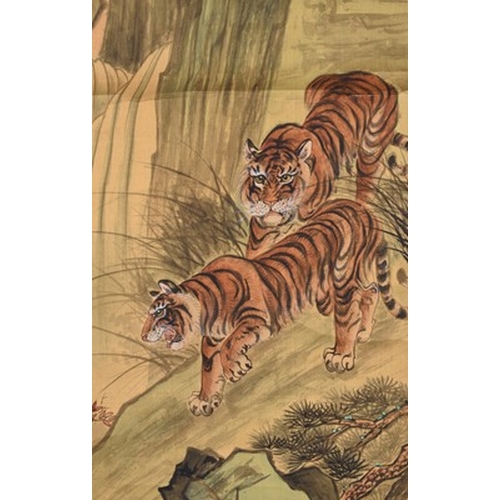 175 - Chinese school, 19th/20th century Stalking tiger, ink and wash on hand scroll, 95cm x 47cm; two tige... 