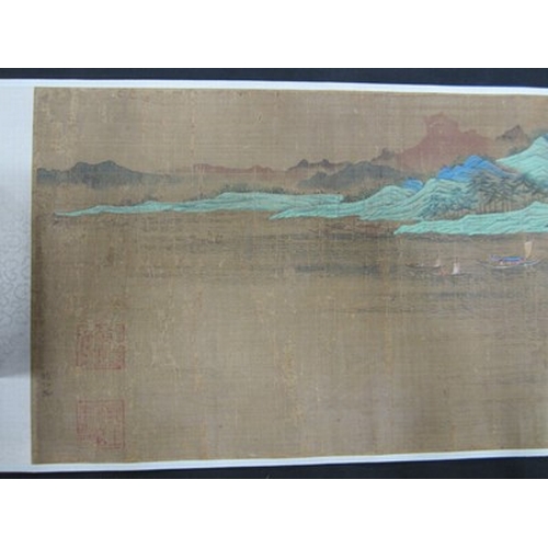 176 - Follower of Zhao Boju, landscape, 18th-19th century Ink and colour on silk, laid on paper scroll, wi... 