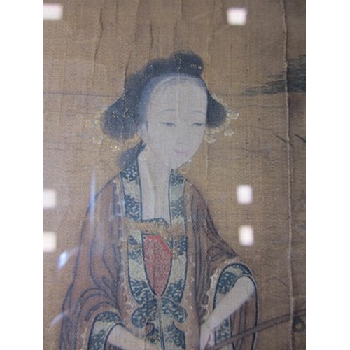 178 - Chinese school, 19th century A maiden on a boat, ink and colour on textile, tondo. 28cm x 24cm Condi... 