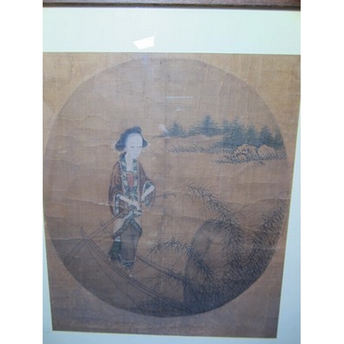 178 - Chinese school, 19th century A maiden on a boat, ink and colour on textile, tondo. 28cm x 24cm Condi... 