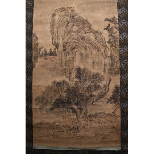 181 - Chinese school, 18th/19th century Mountain landscape, ink and wash on hand scroll, signed with two s... 