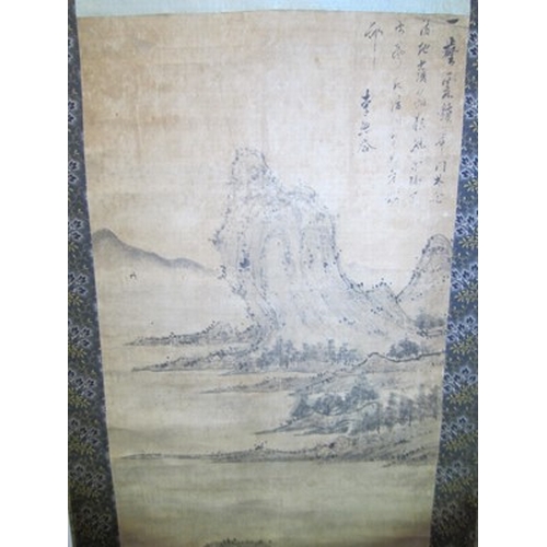 181 - Chinese school, 18th/19th century Mountain landscape, ink and wash on hand scroll, signed with two s... 