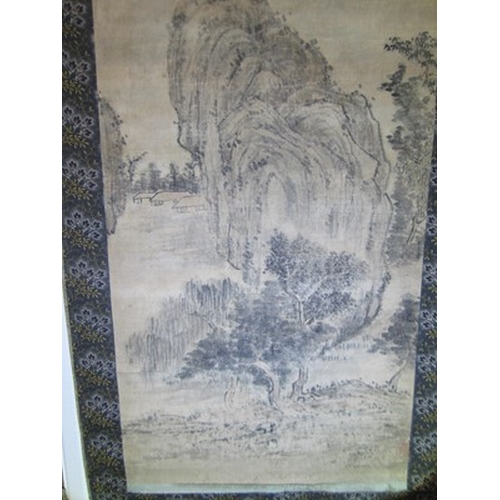 181 - Chinese school, 18th/19th century Mountain landscape, ink and wash on hand scroll, signed with two s... 