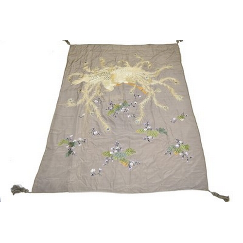 184 - A Chinese embroidered silk bedspread, 20th century Finely woven in coloured threads with a peacock a... 