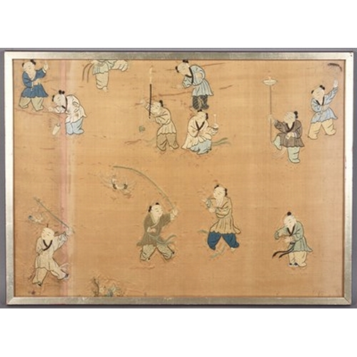 186 - A Chinese embroidered silk panel fragment of playing boys Qing Dynasty Worked in coloured threads on... 