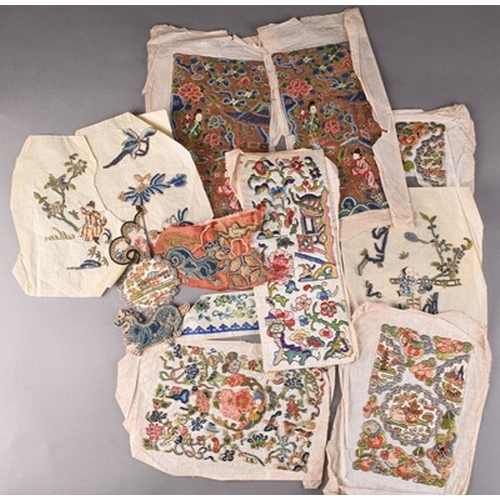 188 - An assembled group of Chinese embroidered textiles, Qing Dynasty Including two rank badges and vario... 