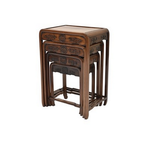 193 - A nest of four Chinese rosewood tables, 20th century The moulded tops above shaped friezes carved wi... 