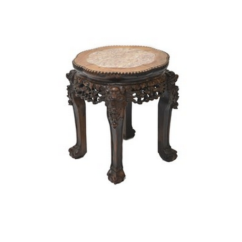 194 - A Chinese carved hardwood and marble inlaid urn stand, 19th Century The bead-edged top inset with pi... 