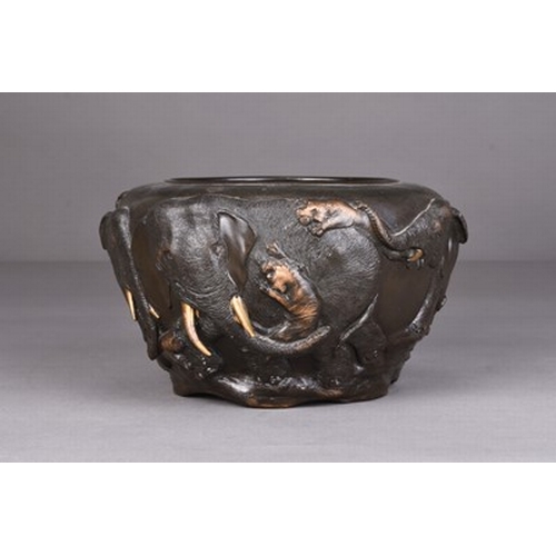 237 - A Japanese bronze planter, Meiji era Of rounded form and cast in relief with a continuous scene of e... 