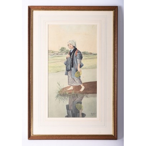 245 - Ryuko (Japanese, 20th century) Rural maiden, watercolour on paper, framed. 40cm x 21cm