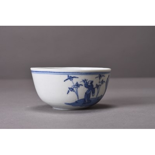 39 - A Chinese 'Bleu de Hue' bowl, Qing Dynasty Of rounded form and decorated with a scene of scholars co... 