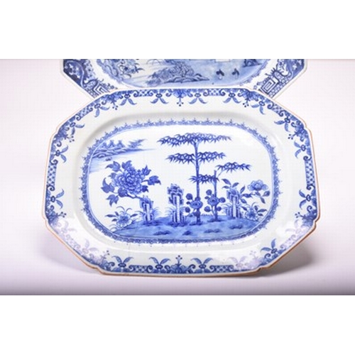 44 - Three Chinese blue and white serving dishes, 18th century The first of lobed oval shape, the deep di... 