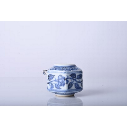 46 - A rare Chinese blue and white bird feeder, Xuande six-character mark Of hexagonal form with small lo... 