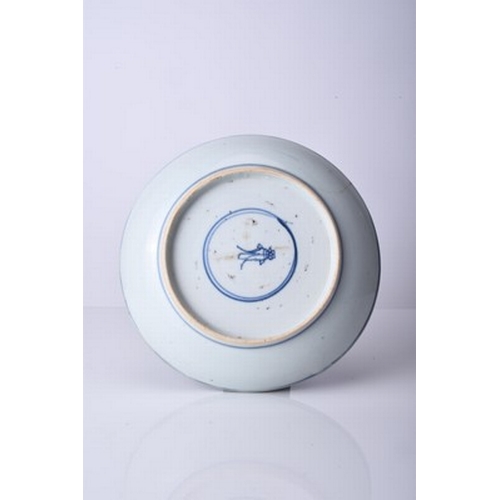 47 - A Chinese blue and white dish, Kangxi Of shallow rounded form, decorated with phoenix birds to the r... 