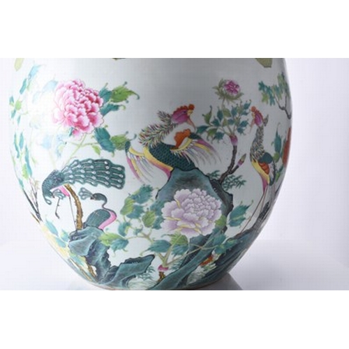 53 - A good Chinese famille rose fish bowl, 18th century Of ovoid form with everted rim, finely painted i... 